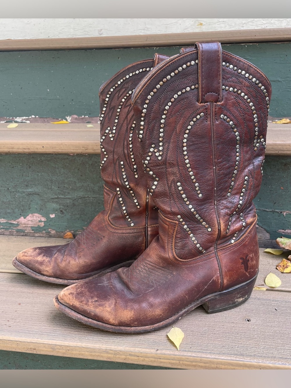 Vintage Frye Billy Brown Studded Leather Cowboy Boots